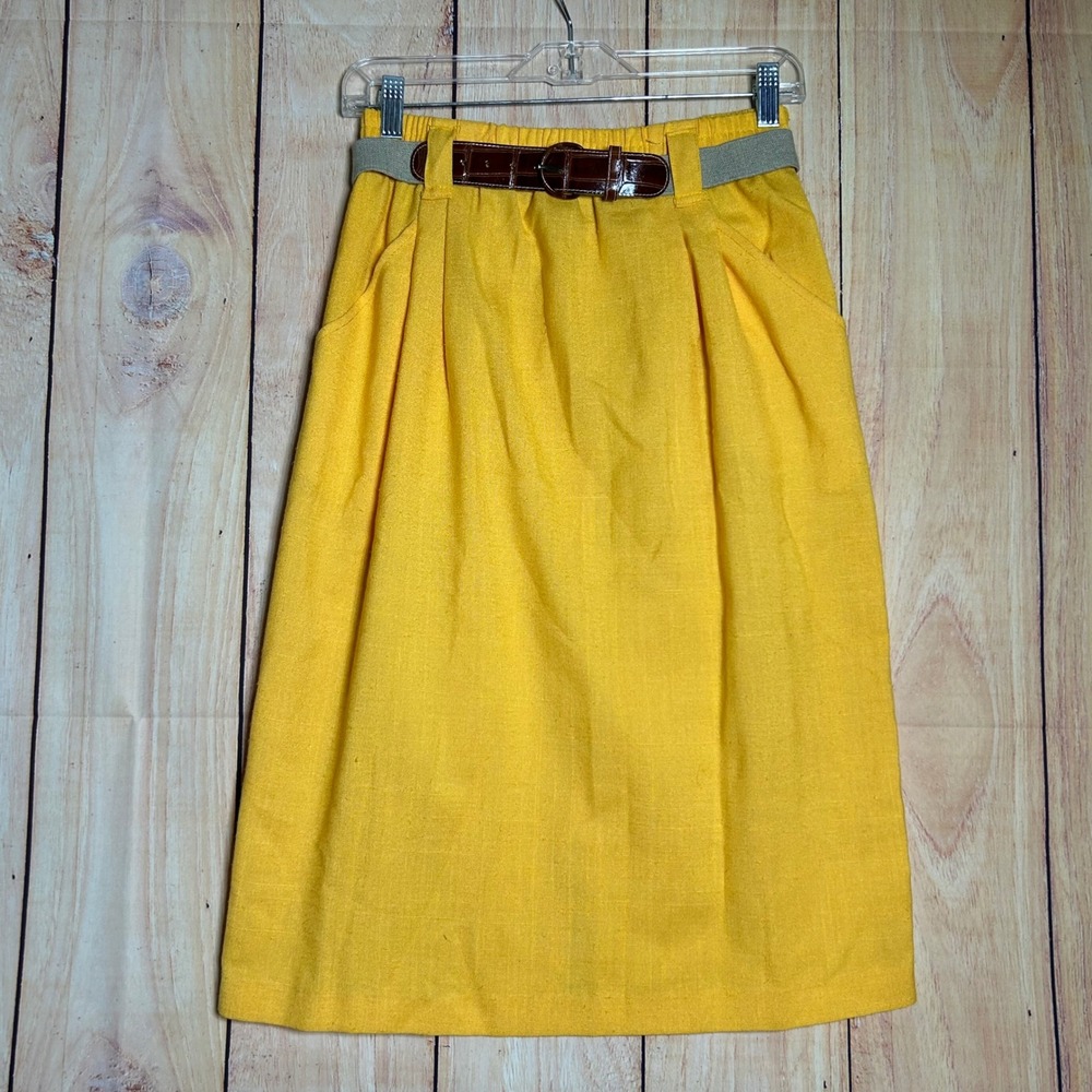 Russ Midi Skirt Womens 10 Yellow Belted High‎ Waist Pleated Vintage 80s USA Made